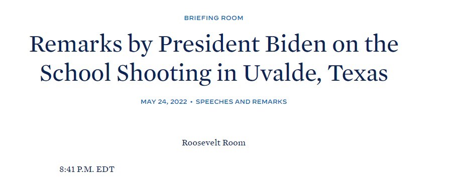 当地时间5月24日，美国总统拜登对得州学校枪击事件发表声明。图片来源：白宫网站截图