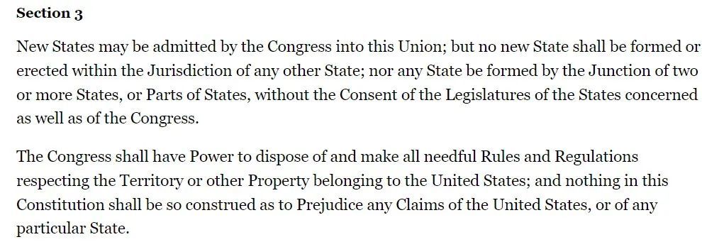 美国国会网站的宪法截图，第四条第三款