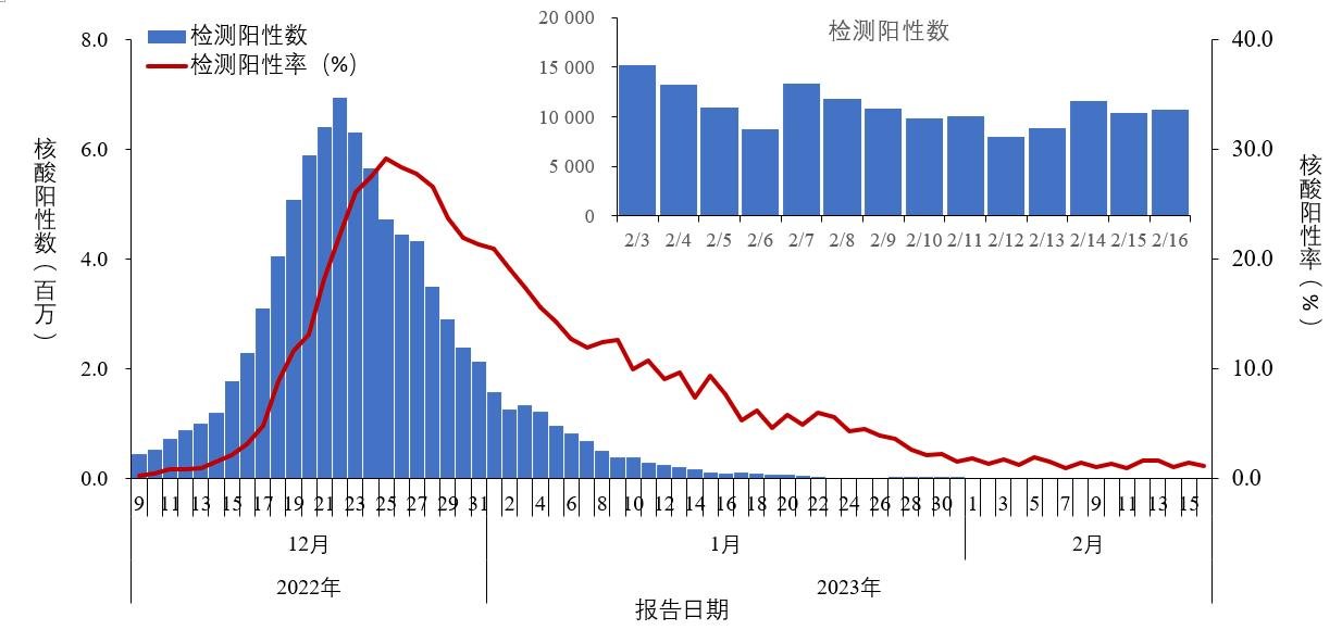 图1-1 全国报告人群新型冠状病毒核酸检测阳性数及阳性率变化趋势