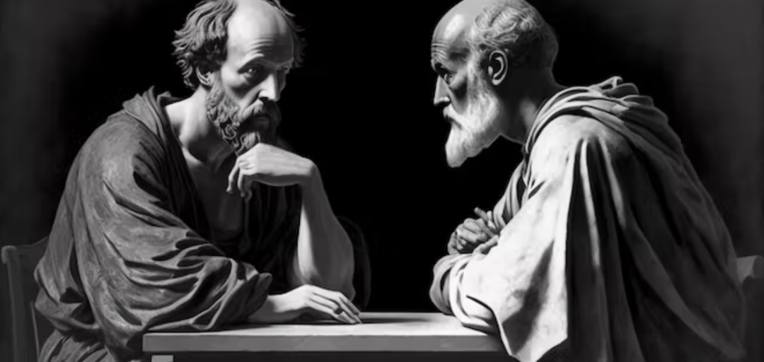 两位古希腊哲学家的对话，图片由AI生成。