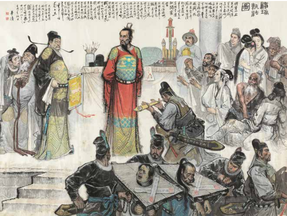 《海瑞执法图》,国画,赵华胜。隆庆三年,海瑞被任命为都察院右佥都御史、总督粮储、提督军务、巡抚应天十府。他一到应天府就制定《督抚条约》 三十六款等一系列整饬吏治、申明赏罚的文告。被百姓称颂的同时也引发江南地主乡官集团的仇恨