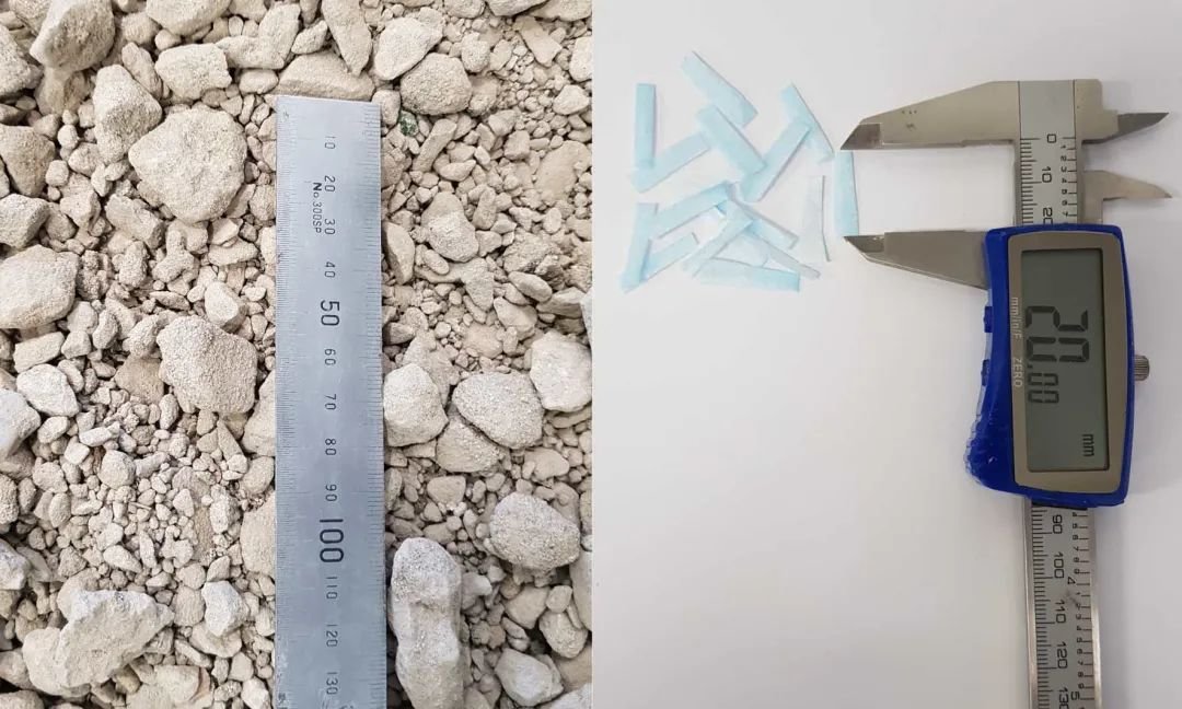 △ 再生混凝土骨料（左）和切割后的一次性口罩碎片（右）。经过测试，使用 1% 的口罩碎片与 99% 的再生混凝土骨料混合而成的新型混凝土，能确保两种材料处在最佳融合状态，符合土木工程安全标准。图片来源 | RMIT University