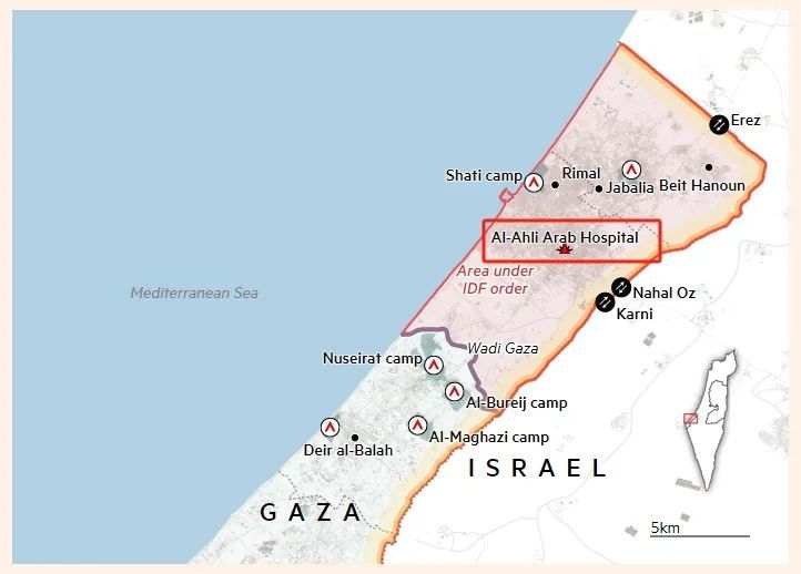 爆炸医院位于加沙地带北部的加沙城，《金融时报》制图