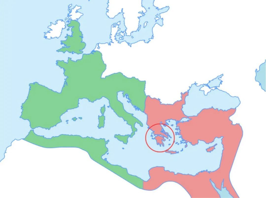 公元395年狄奥多西一世死亡后，罗马帝国一分为二。其中红圈标示的是希腊地区。