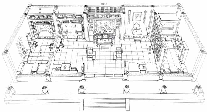 贾母上房室内布局图。贾母上房应是面阔五间,中间是三开间的明间,一般作为宴饮接待的客厅,次间、梢间则是休息场所。西梢间有套间暖阁,是贾母卧室,东梢间则用碧纱橱与西侧房间隔断,是黛玉初到荣国府时的卧房。来源/黄云皓 著《图解红楼梦建筑意象》