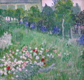 《杜比尼花园》，1890，梵高，布面油画，纵42厘米，横29厘米，现藏阿姆斯特丹梵高博物馆。杜比尼是梵高十分敬仰的画家，在他死后，他的遗孀仍居住在奥威尔。1890年5—7月，梵高绘制了三幅关于杜比尼花园的同名画作
