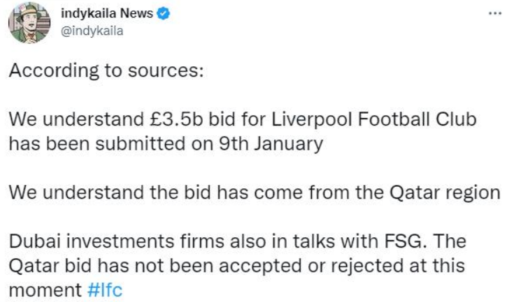 记者：卡塔尔财团报价35亿镑收购利物浦