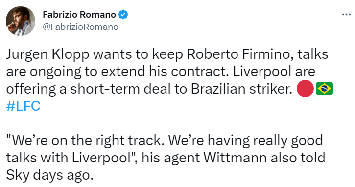 罗马诺：利物浦想与菲尔米诺续下短期合同（罗马利物浦欧冠）缩略图