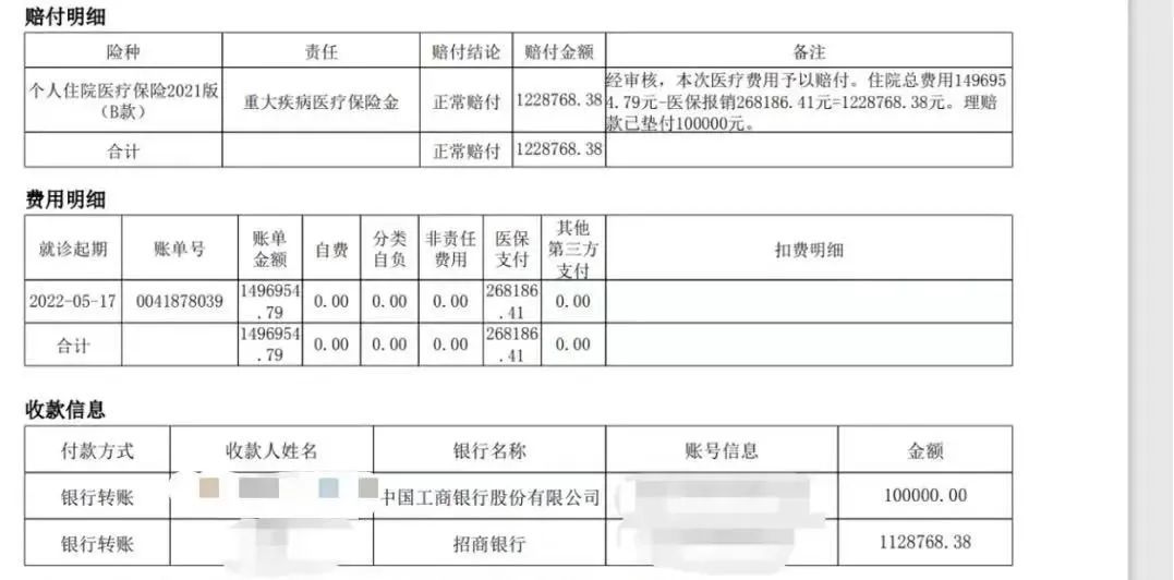 2022年5月底，收到住院醫(yī)療理賠款120萬余元。（林陽供圖）