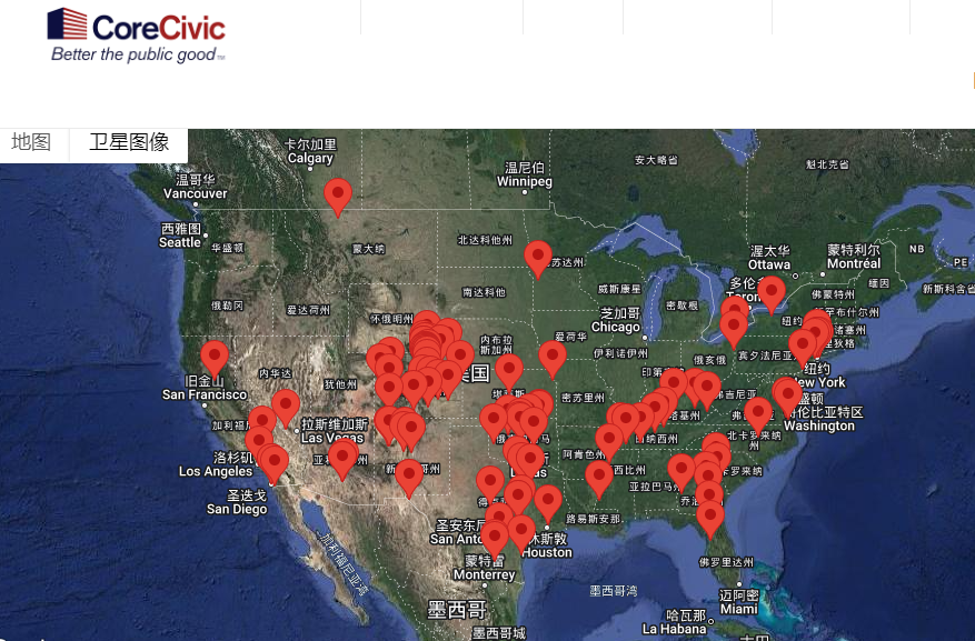 美国惩教公司CoreCivic私人监狱遍布美国各地。
