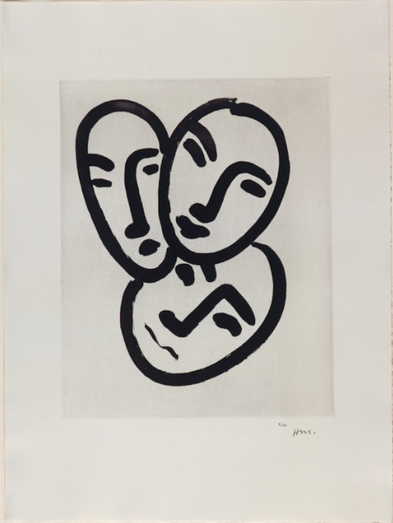 亨利&middot;马蒂斯，《三个头，致友谊》，1951-1952，BFK里夫布纹纸上飞尘蚀刻版画，53 x 39.5 cm。版数5/25。玛丽&middot;马蒂斯捐赠，1998年，法国北方省省立马蒂斯美术馆，勒卡托-康布雷齐，Inv. 1998-2-5。图片由法国北方省省立马蒂斯美术馆，菲利普&middot;伯纳德提供 。
