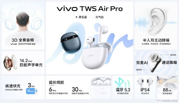 269元 vivo TWS Air Pro耳机发布:3D全景音频、续航长达30小时