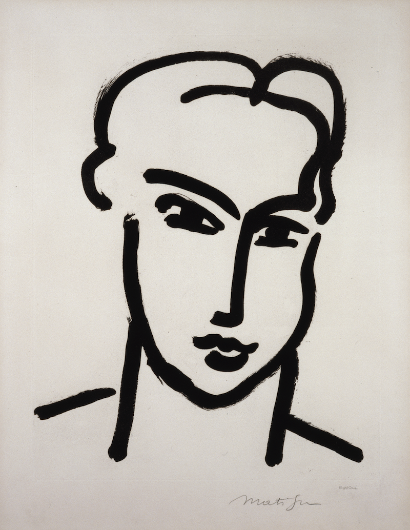 亨利&middot;马蒂斯，《凯西亚的大头像》，约1950 - 1951 ，BFK里夫布纹纸上飞尘蚀刻版画，65 &times; 50 cm，试版。法国北方省省立马蒂斯美术馆，勒卡托-康布雷齐。艺术家捐赠，1952年，Inv. 1952-30。图片由法国北方省省立马蒂斯美术馆，菲利普&middot;伯纳德提供 。