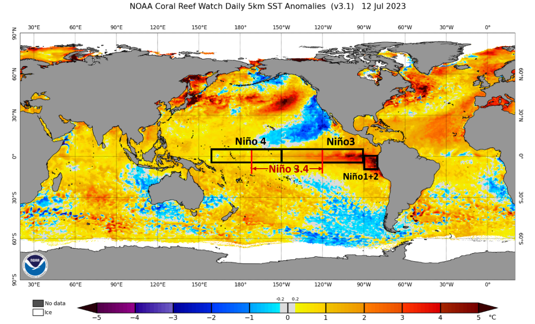 全球海表温度异常分区情况以及厄尔尼诺分区，图源：NOAA