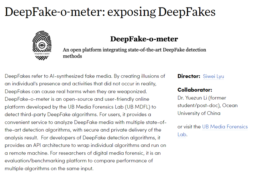 吕思伟的DeepFake-o-meter项目简介。该项目因被恶意使用，目前已不再对外开放。