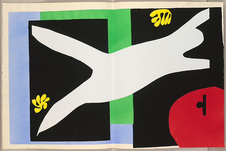 马蒂斯，《水族缸里的游泳者》，1947，阿诗布纹纸上镂花版版画，42 × 65 cm，法国北方省省立马蒂斯美术馆，勒卡托-康布雷齐，爱丽丝·特利亚德捐赠，2000年，藏品编号 2000-2-53（12）。图片由法国北方省省立马蒂斯美术馆，菲利普·伯纳德提供。