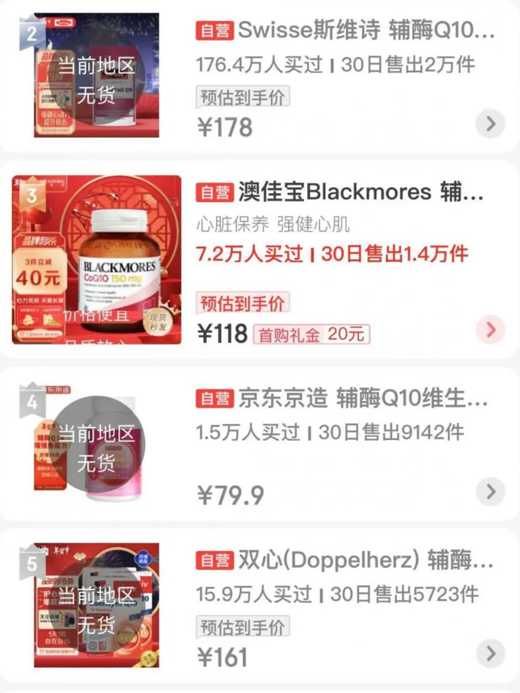京东平台多款辅酶Q10制剂断货 图源:财联社