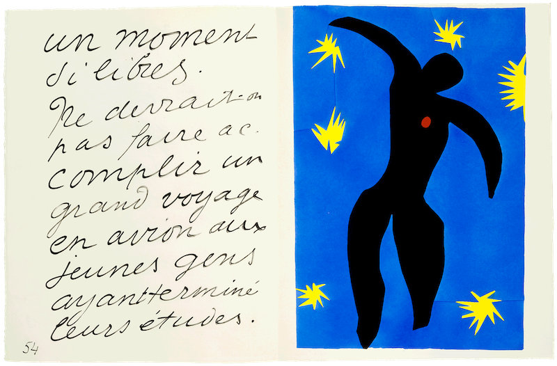 亨利&middot;马蒂斯，《伊卡洛斯》，1947，阿诗布纹纸上镂花版版画，42 &times; 65 cm。法国北方省省立马蒂斯美术馆，勒卡托-康布雷齐。爱丽丝&middot;特里亚德捐赠，2000年，Inv. 2000-2-53 (8)。图片由法国北方省省立马蒂斯美术馆，菲利普&middot;伯纳德提供 。