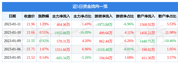 鼎龙股份（300054）1月11日主力资金净买入404.96万元