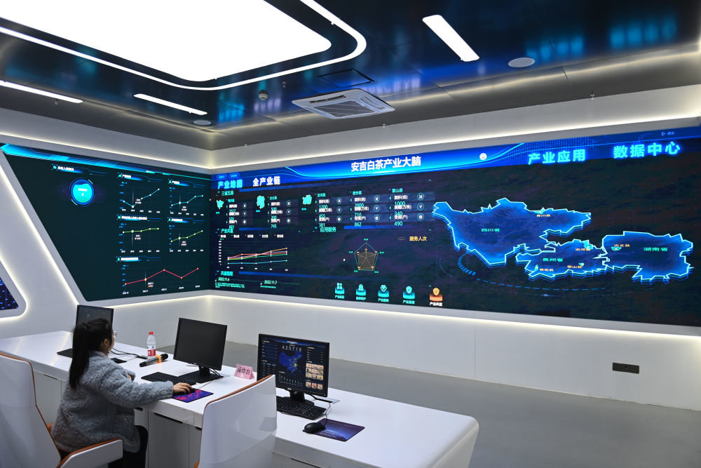 浙江安吉白茶“产业大脑”显示黄杜村捐赠种植在贵州、湖南、四川等3省5县茶苗的分布情况(2月21日摄)。新华社记者 黄宗治 摄