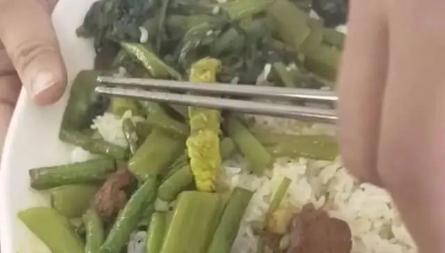▲网传涉事学校食堂饭菜中又出现“大青虫”，当地市委宣传部新闻处回应称，市监局正对此事进行核查，对食物进行检验，以最后的通告为准。