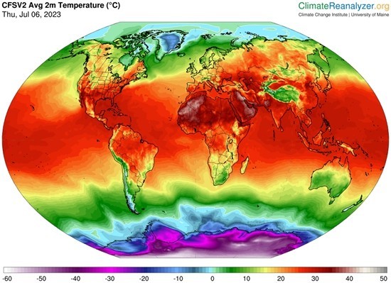 美国缅因大学气候研究所制作的网站Climate Reanalyzer展示着7月6日地球平均气温地图。网页截图