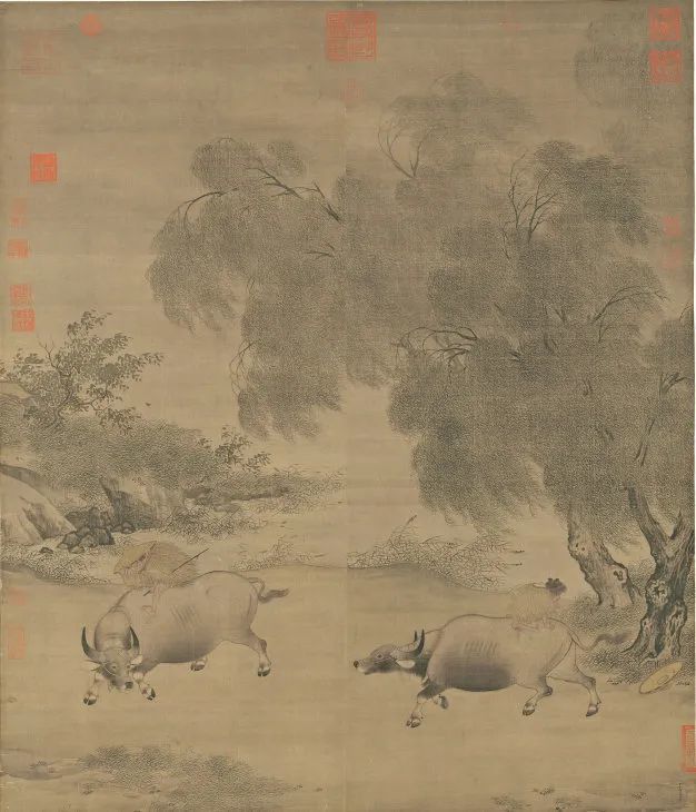 《风雨牧归图》轴，南宋，李迪，绢本浅设色，纵123.7厘米，横102.8厘米，现藏台北故宫博物院。画作描绘两个骑着水牛的牧童在风雨中匆匆归家的情景。牛是古代农业生产倚重的重要畜力，故意杀伤耕牛最高可判。然而，私自屠宰耕牛的情况屡禁不止，因此引发衍生出一系列的“割牛舌”故事