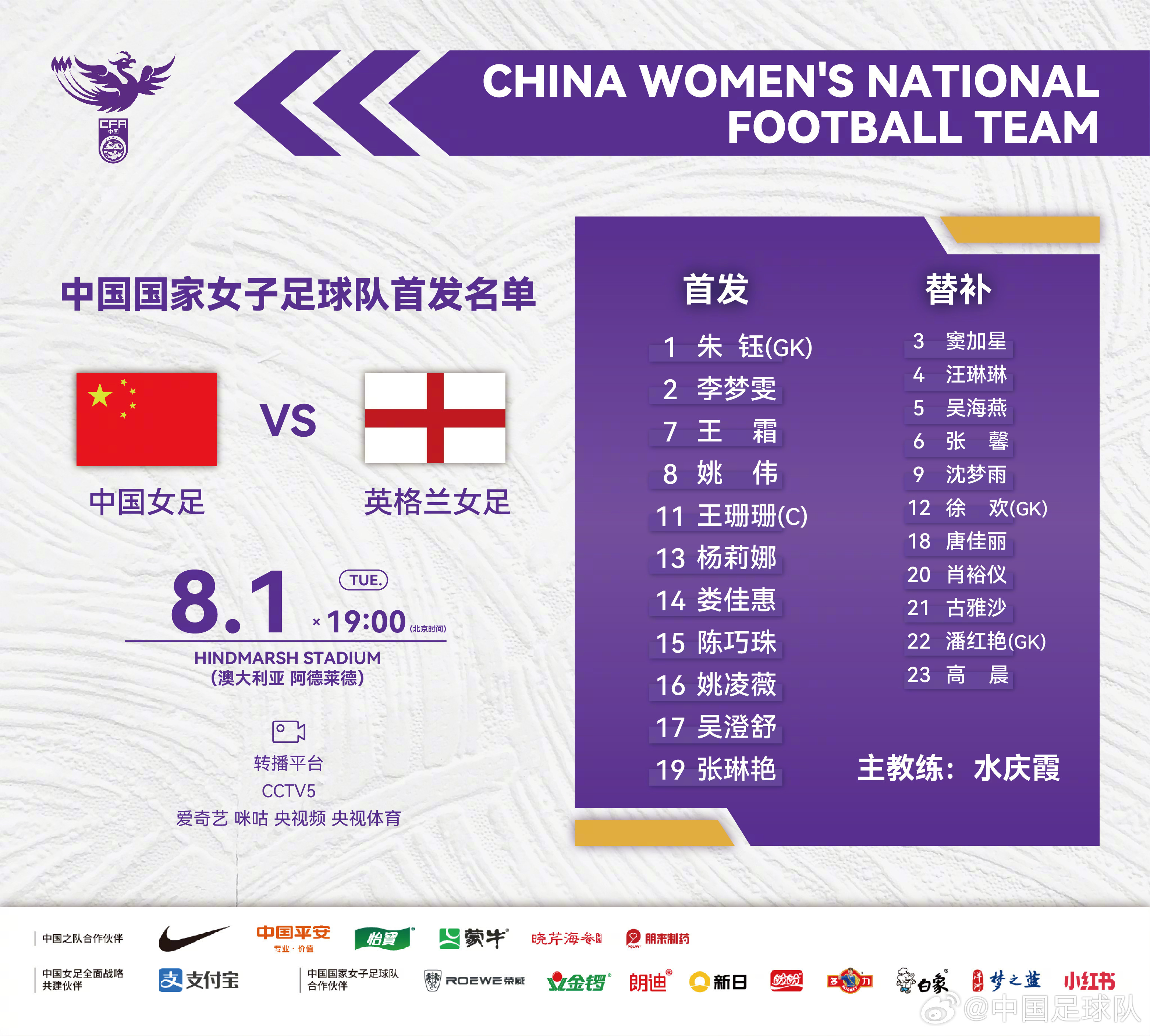 出线生死战！中国女足对阵英格兰阵容：王霜首次首发