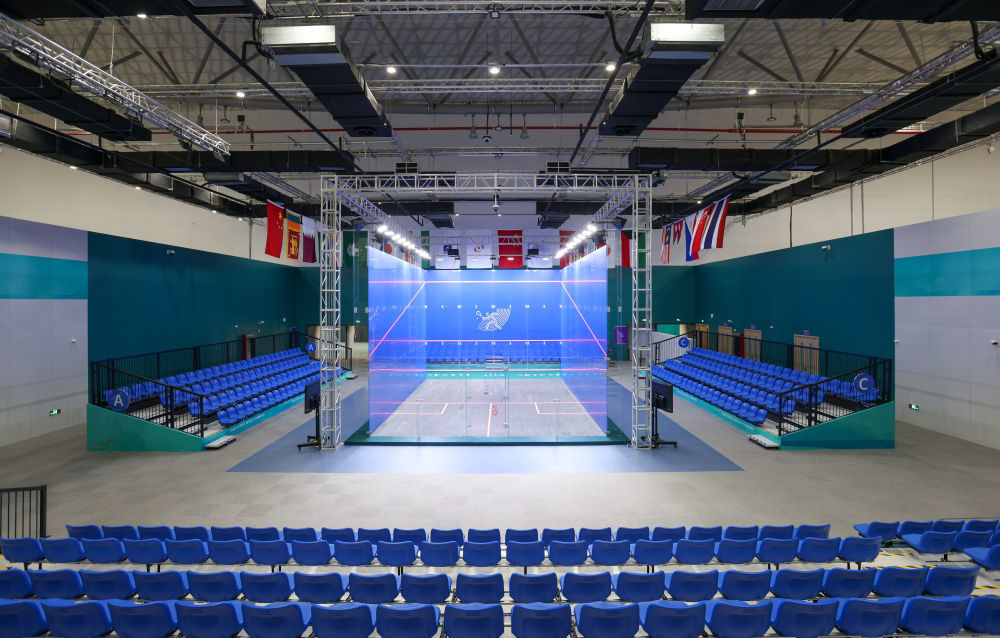 这是2023年9月6日拍摄的杭州奥体中心国博壁球馆单打决赛场地.