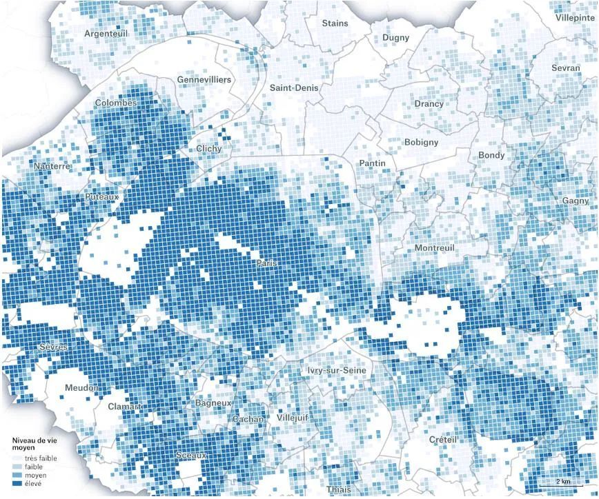▲ 巴黎西南郊收入水平显然比东北郊高。收入越高蓝色越深。（Mediapart报道截图）