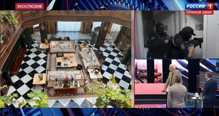 当地时间5日，“俄罗斯1”电视频道在《60分钟》节目中展示了普里戈任办公室和家中的画面，以及警方搜查的过程。