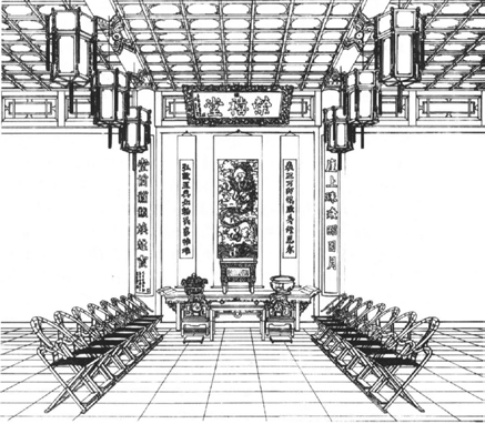 荣禧堂陈设图。《红楼梦》描绘荣禧堂内摆着“两溜十六张楠木交椅”。楠木在清代是御用之材,可见珍贵,也从侧面体现贾府不同于一般民宅的尊贵气派