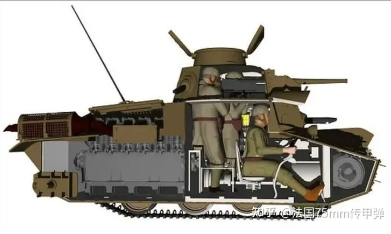 坦克内部狭小，后部的动力装置占了绝大部分。在下方的是驾驶员，炮塔有两名机枪手/炮手（图源：网络）