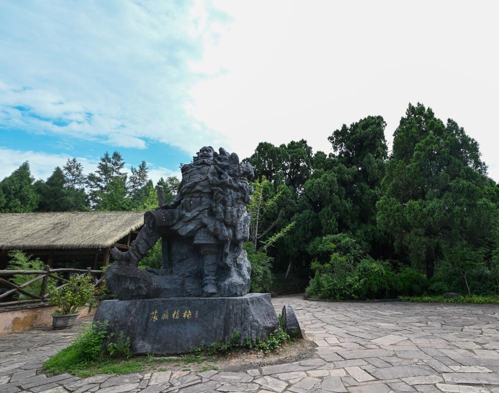 这是日前在四川省广元市剑阁县翠云廊拍摄的张飞植柏雕像。新华社记者 王曦 摄