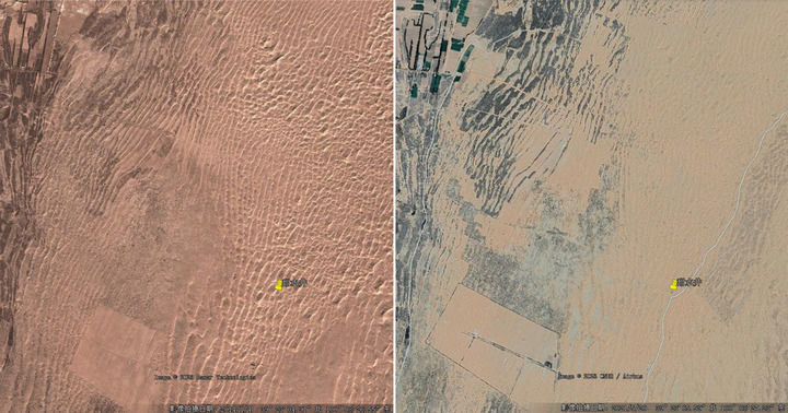 这是2014年（左）和2021年（右）获取的张掖市临泽县平川镇黄家堡沙区卫星对比图，经过贾其煜和职工们的努力，这片林场已经向巴丹吉林沙漠腹地挺进了14公里。（受访者供图）