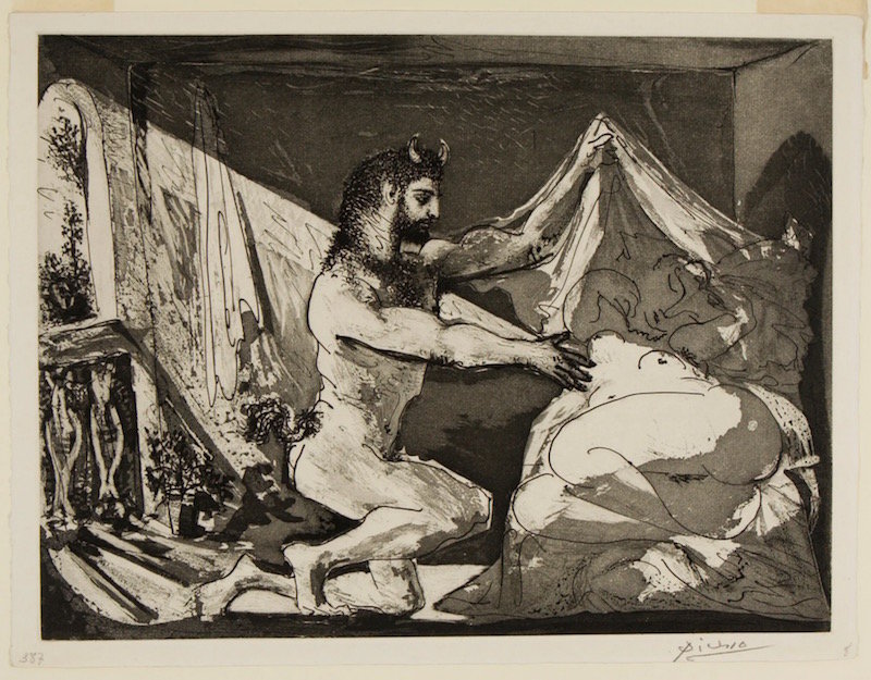 毕加索《Satyr Unveiling a Woman》 ，1936年