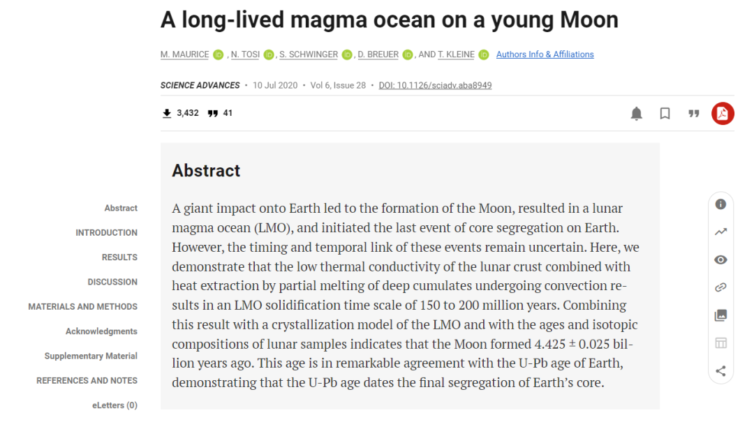莫里斯团队在《科学进步》杂志上发布的文章标题及摘要截图。