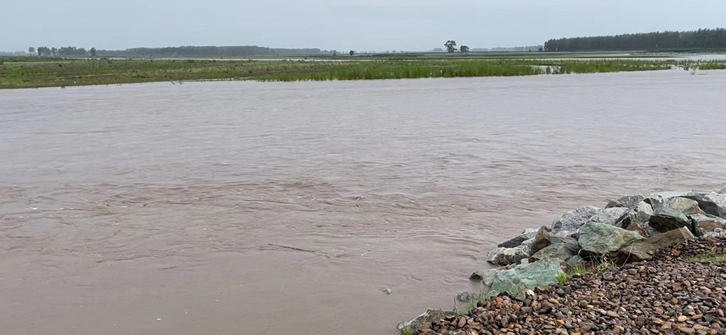 雨后，洮儿河河水浑浊，河中时有漩涡状水流。
