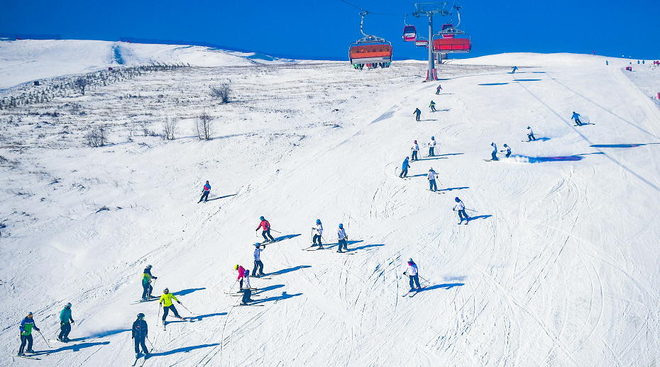 在张家口市崇礼区云顶滑雪场,游人在阳光下体验滑雪乐趣邓伟 摄