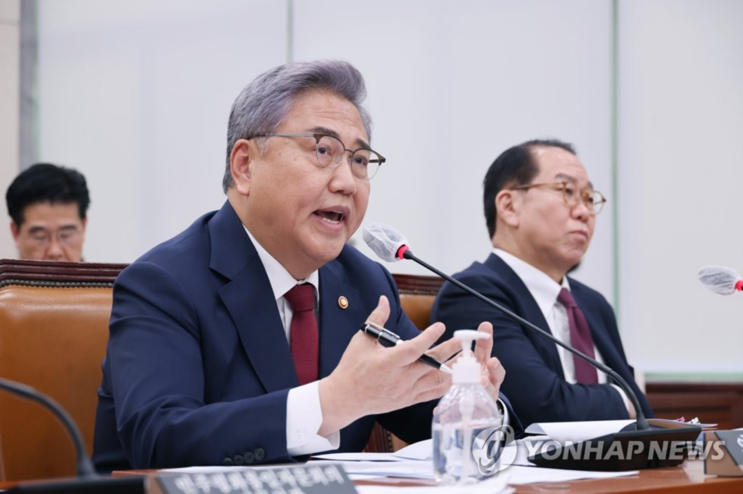 3月21日下午，朴振（左）在韩国国会外交统一委员会全体会议上答问 图：韩联社