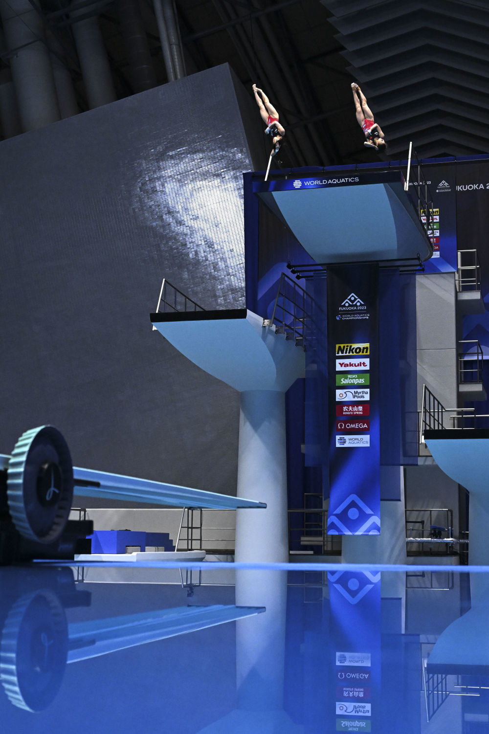 ↑7月16日，陈芋汐（左）/全红婵在2023年福冈世界游泳锦标赛跳水女子双人10米台决赛中，最终他们以369.84分的总成绩夺得冠军。新华社记者 许畅 摄