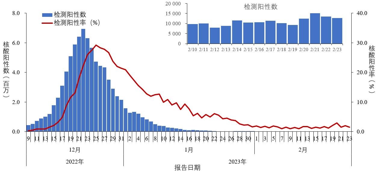 图1-1 全国报告人群新型冠状病毒核酸检测阳性数及阳性率变化趋势(数据来源于31个省(区、市)及新疆生产建设兵团报告)
