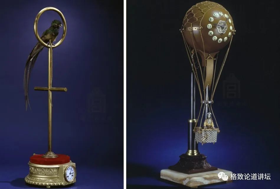 ▲ 法国钟表：鹦鹉钟（左）铜制热气球式钟（右）