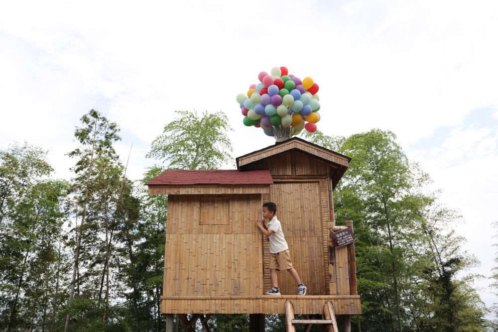 ↑一个小朋友在蜀南竹海游玩。