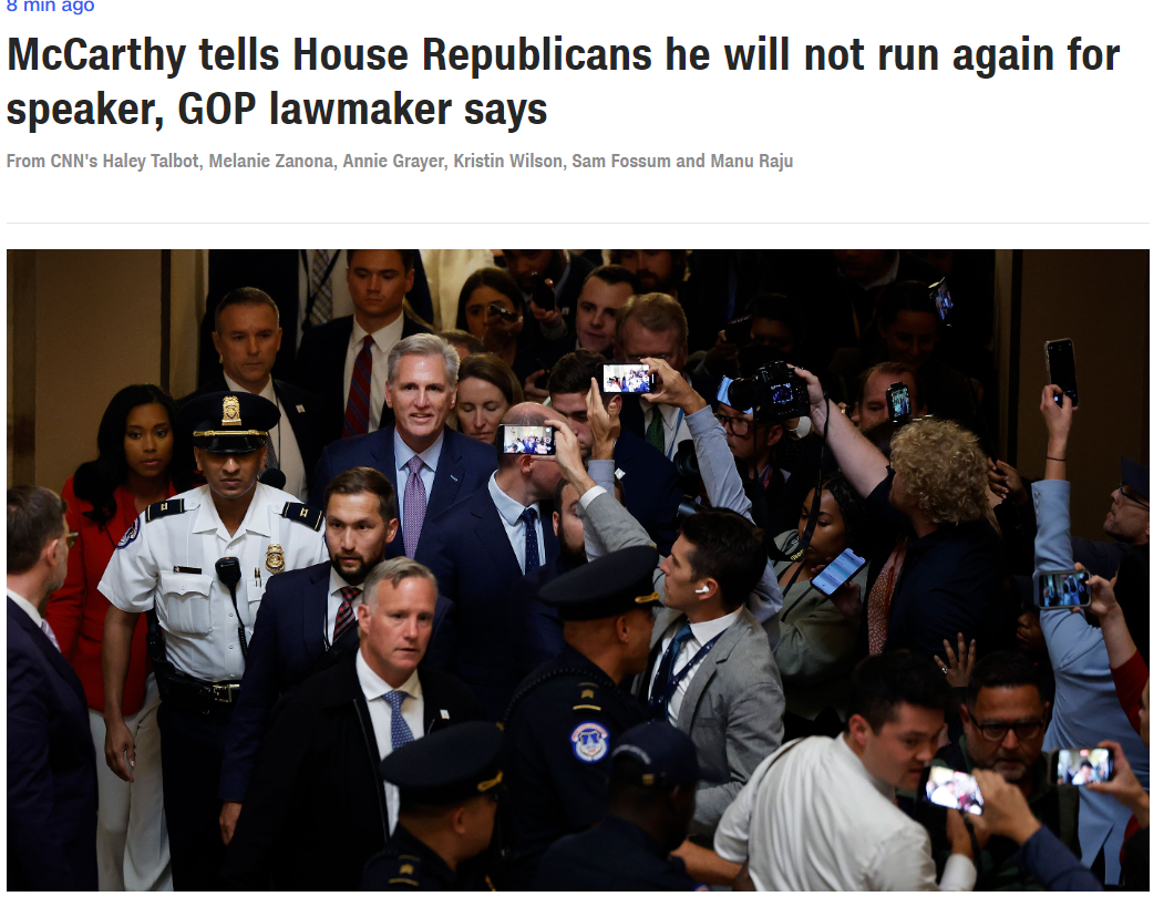 麦卡锡表示不会再次竞选议长相关报道（截图自美媒）