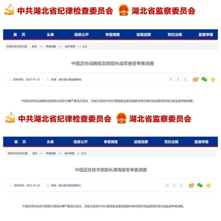 戚军、谭海涉嫌严重违纪违法被查消息公布 图/中共湖北省纪律检查委员会、湖北省监察委员会官方网站