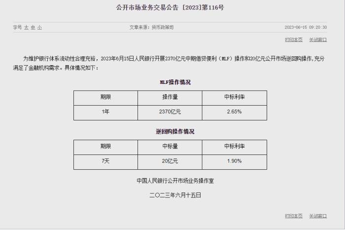 6月15日,7天逆回购操作利率和MLF利率。