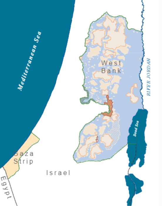 淡黄为巴勒斯坦控制领土，淡橙框内为分散的“A区”（图源：联合国）