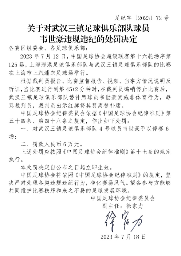中国足协纪律委员会为韦世豪开出的罚单 图/中国足协官网