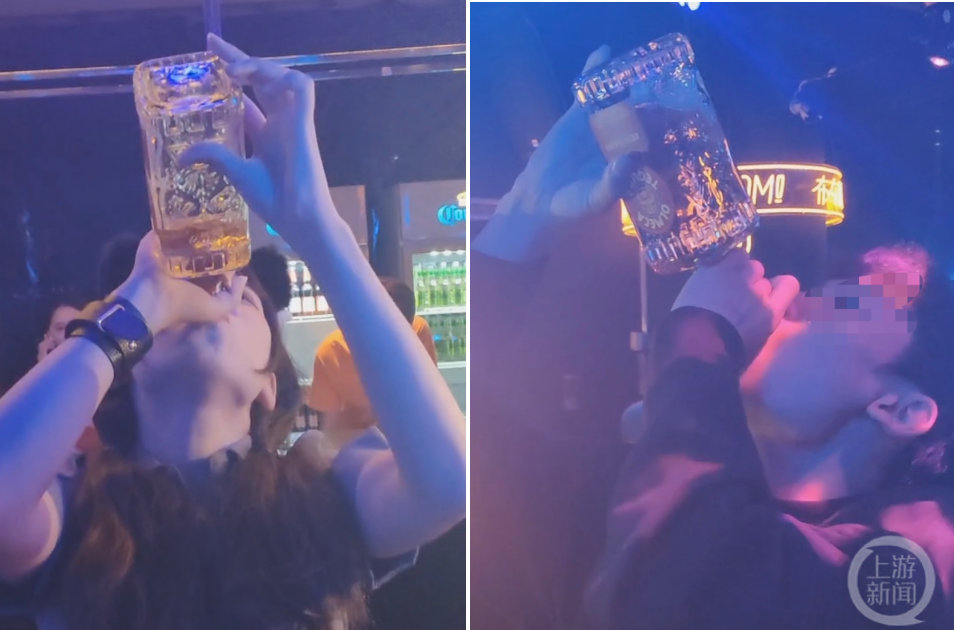 ▲两人比拼在20秒内喝完700毫升龙舌兰洋酒。图片来源/视频截图